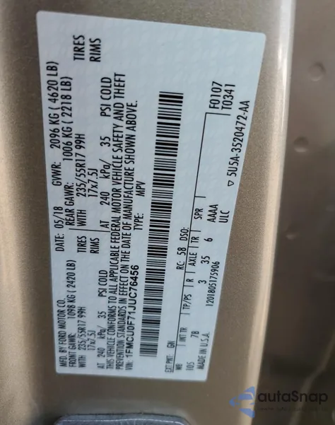 2018 Ford Escape S из США, поврежденный, VIN 1FMCU0F71JUC76456